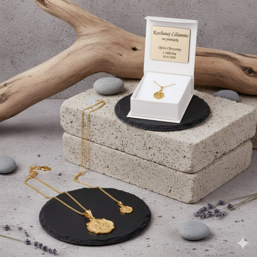 Złoty dwustronny medalik Matka Boska Szkaplerzna z Sercem Jezusa z łańcuszkiem pr. 585 – pamiątka sakramentalna z dedykacją