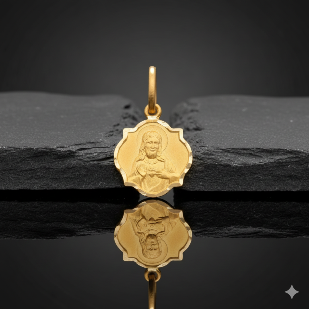 Złoty dwustronny medalik Matka Boska Szkaplerzna z Sercem Jezusa z łańcuszkiem pr. 585 – pamiątka sakramentalna z dedykacją