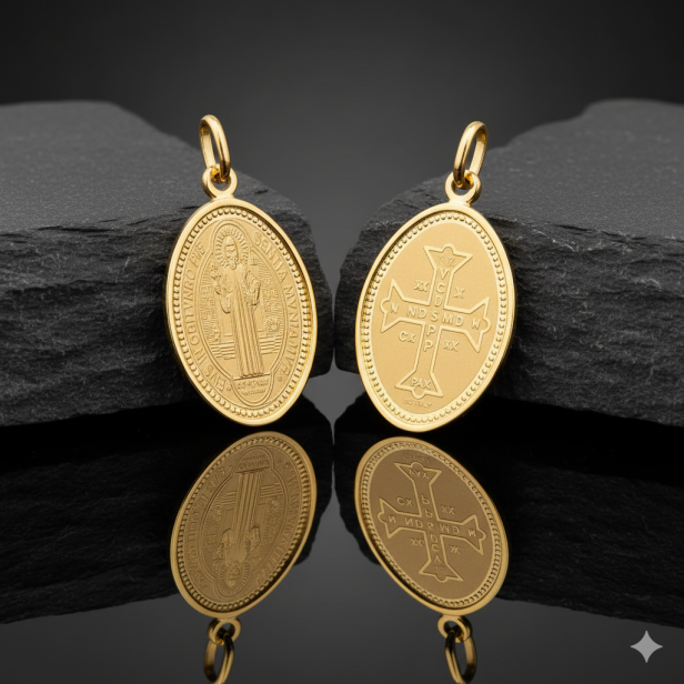 Złoty medalik Świętego Benedykta z łańcuszkiem pr. 585 – personalizowana pamiątka ochrony i wiary.png