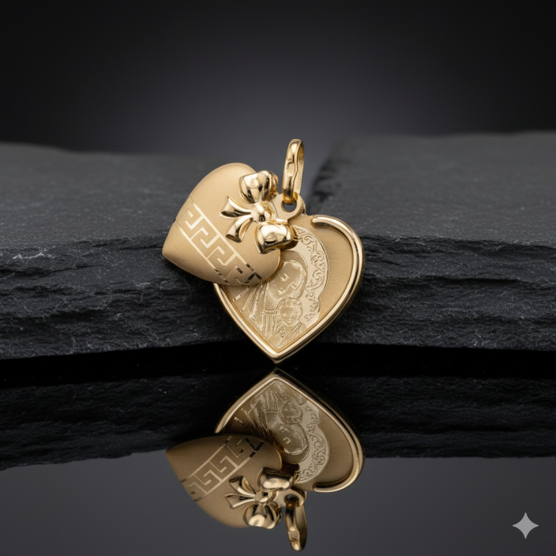 Złoty medalik otwierany Matka Boska w serduszku z łańcuszkiem pr. 585 – personalizowana pamiątka I Komunii Świętej