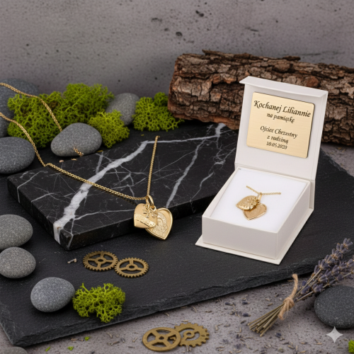 Złoty medalik otwierany Matka Boska w serduszku z łańcuszkiem pr. 585 – personalizowana pamiątka I Komunii Świętej
