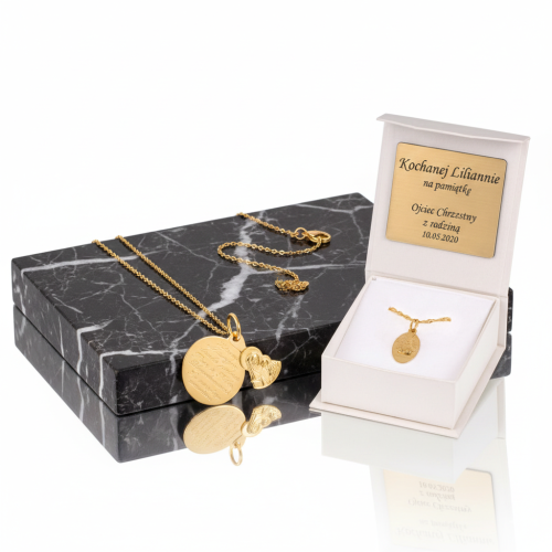 Złoty medalik Matka Boska Częstochowska 585 z łańcuszkiem – podwójna zawieszka z personalizacją