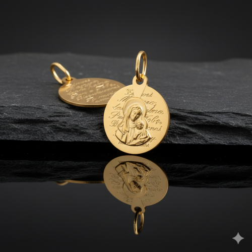 Złoty medalik Matka Boska Częstochowska 585 z łańcuszkiem – podwójna zawieszka z personalizacją