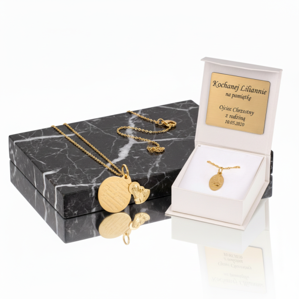 Złoty medalik Matka Boska Częstochowska owalny 585 z łańcuszkiem – podwójna zawieszka z personalizacją
