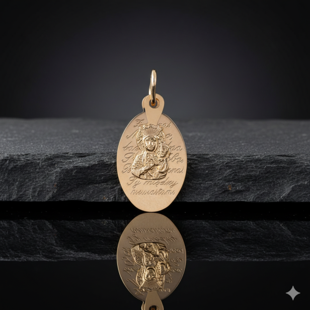Złoty medalik Matka Boska Częstochowska owalny 585 z łańcuszkiem – podwójna zawieszka z personalizacją