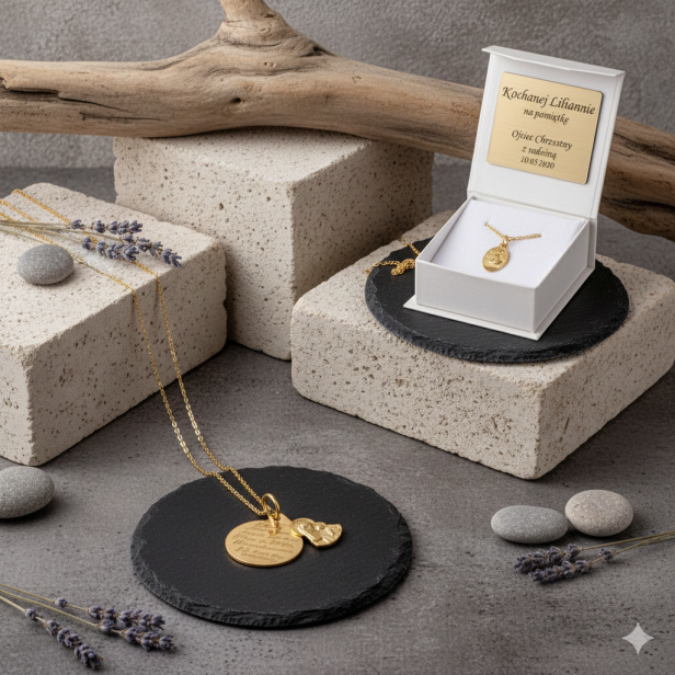 Złoty medalik Matka Boska Częstochowska owalny 585 z łańcuszkiem – podwójna zawieszka z personalizacją