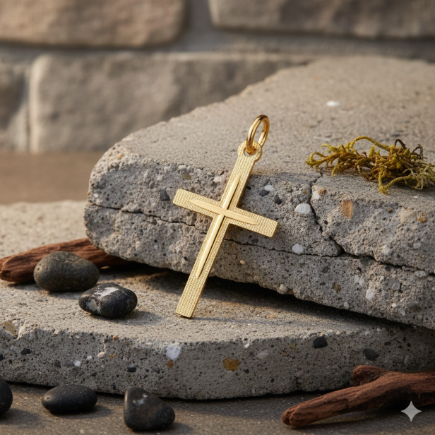 Złoty krzyżyk klasyczny fakturowany pr. 585 – pamiątka Chrztu i Komunii 0,90 g