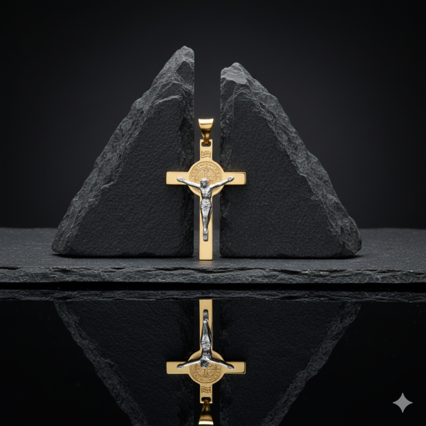 Złoty krzyż Benedyktyński 585 z Jezusem z białego złota – personalizowana pamiątka wiary