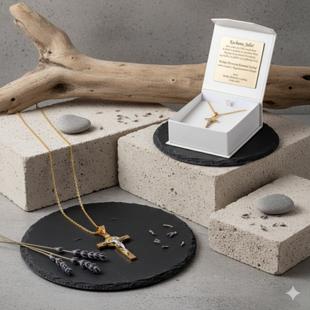 Złoty krzyż Benedyktyński 585 z Jezusem z białego złota – personalizowana pamiątka wiary