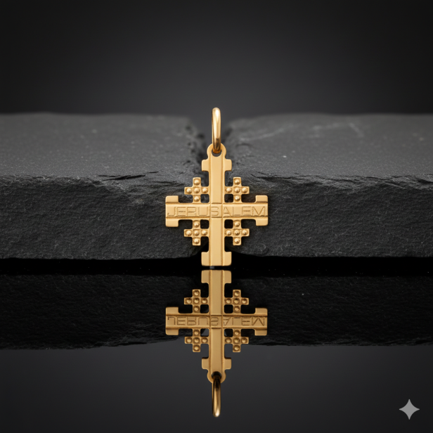 Złoty krzyż Jerozolimski 585 z łańcuszkiem i pudełkiem – personalizowana pamiątka wiary