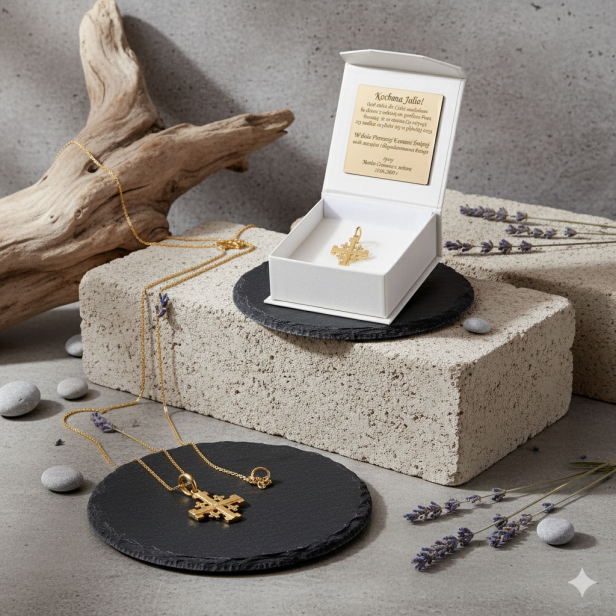 Złoty krzyż Jerozolimski 585 z łańcuszkiem i pudełkiem – personalizowana pamiątka wiary