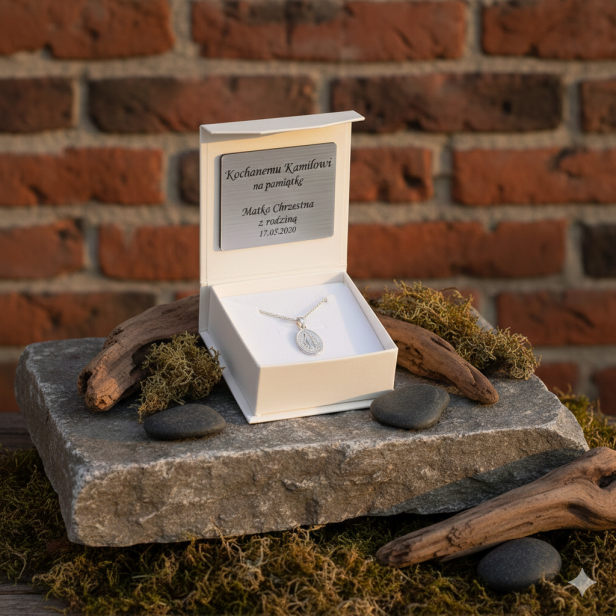 Cudowny Medalik z białego złota 585 z łańcuszkiem – personalizowana pamiątka wiary