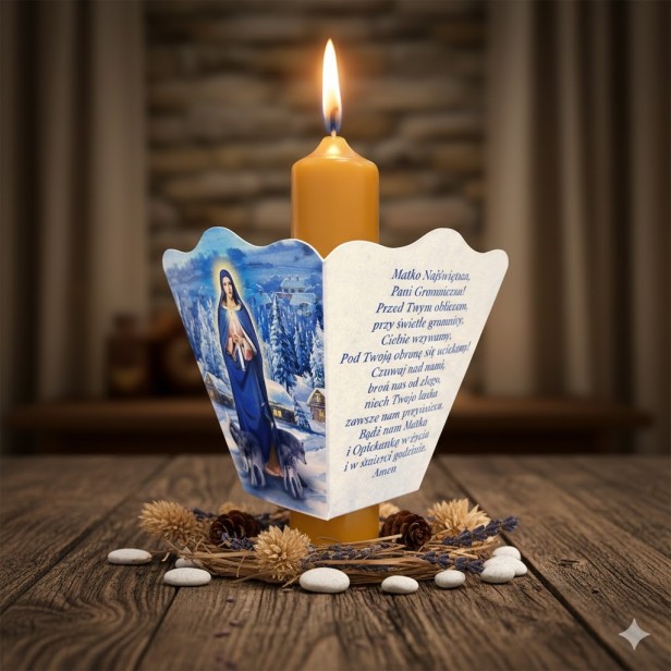 Okapnik papierowy Matka Boża Gromniczna – osłonka do świecy z modlitwą