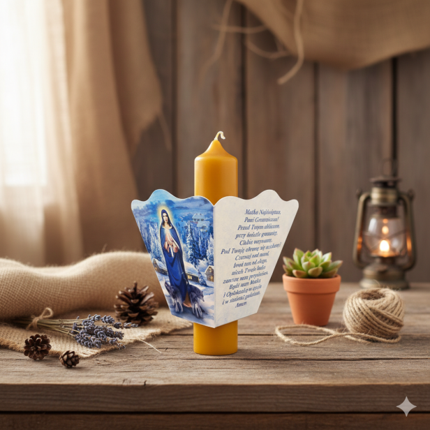 Okapnik papierowy Matka Boża Gromniczna – osłonka do świecy z modlitwą