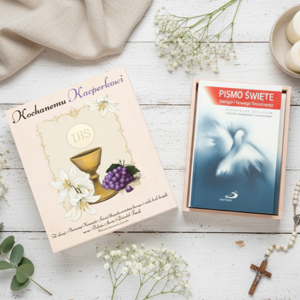 Pismo Święte Starego i Nowego Testamentu w pudełku drewnianym EKO ♻ – nadruk Ink-Jet, Pamiątka I Komunii Świętej