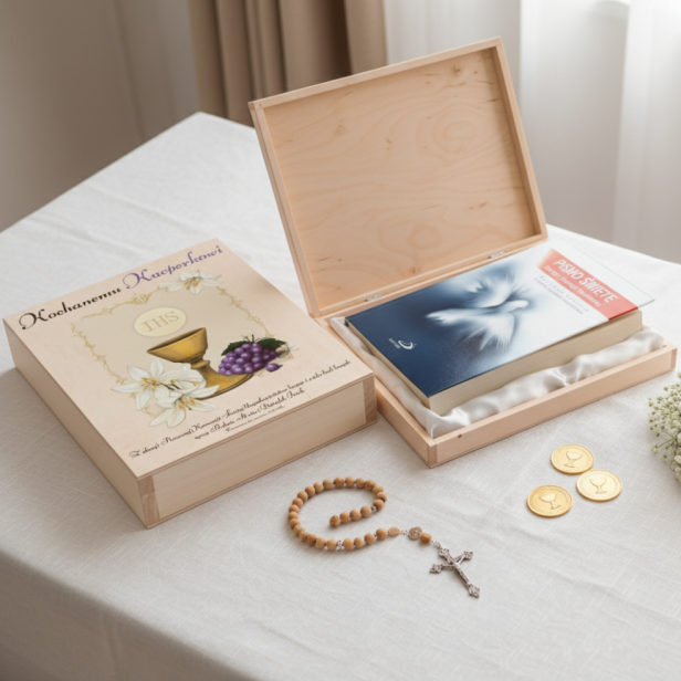 Pismo Święte Starego i Nowego Testamentu w pudełku drewnianym EKO ♻ – nadruk Ink-Jet, Pamiątka I Komunii Świętej