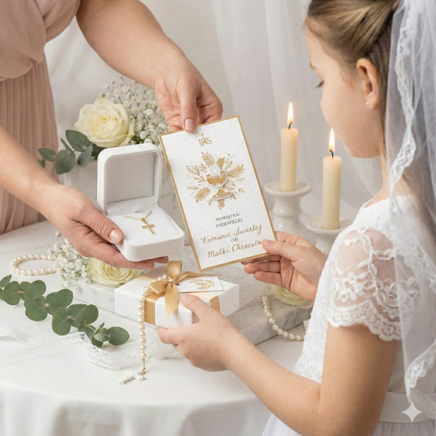 Karnet na Pierwszą Komunię Świętą od Matki Chrzestnej – Bogato Zdobiona Kartka z Życzeniami 21 × 11 cm