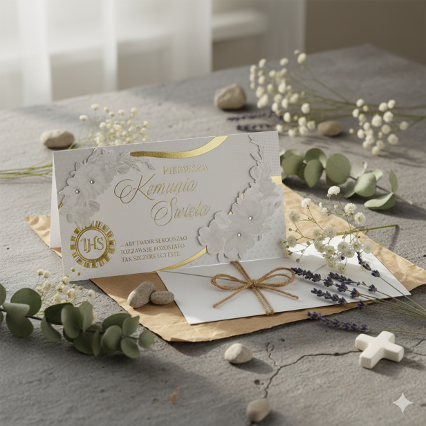 Karnet z życzeniami na Pierwszą Komunię Świętą – Bogato Zdobiona Kartka 11 × 21 cm