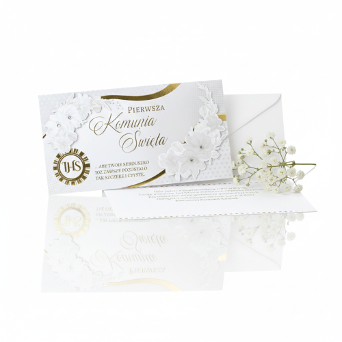 Karnet z życzeniami na Pierwszą Komunię Świętą – Bogato Zdobiona Kartka 11 × 21 cm