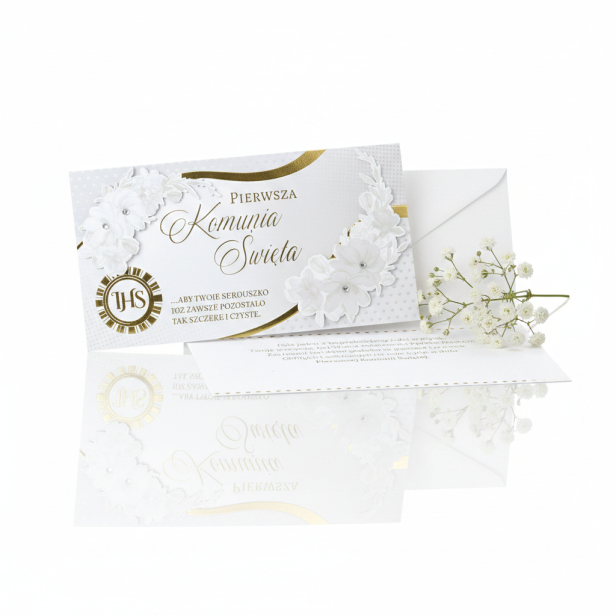 Karnet z życzeniami na Pierwszą Komunię Świętą – Bogato Zdobiona Kartka 11 × 21 cm