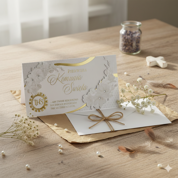 Karnet z życzeniami na Pierwszą Komunię Świętą – Bogato Zdobiona Kartka 11 × 21 cm