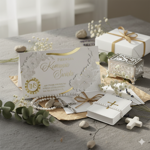 Karnet z życzeniami na Pierwszą Komunię Świętą – Bogato Zdobiona Kartka 11 × 21 cm