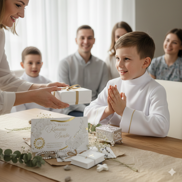 Karnet z życzeniami na Pierwszą Komunię Świętą – Bogato Zdobiona Kartka 11 × 21 cm
