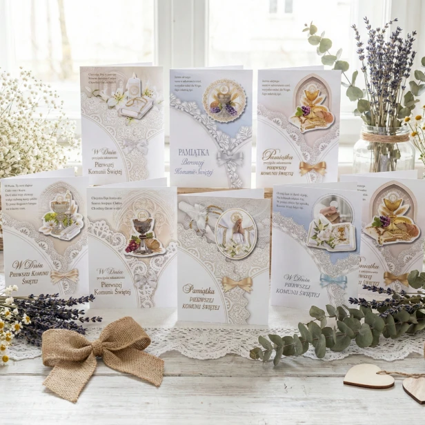 Karnety komunijne B6 – kolekcja 7 wzorów z symbolami Eucharystii