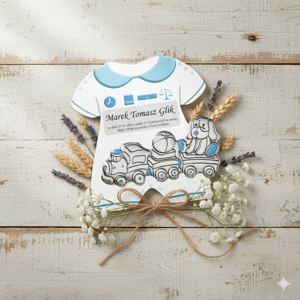 Panel metryczka dla chłopca z grawerem i srebrnym obrazkiem AG 999 – Body 18×17 cm | Linia SILVER BABY™