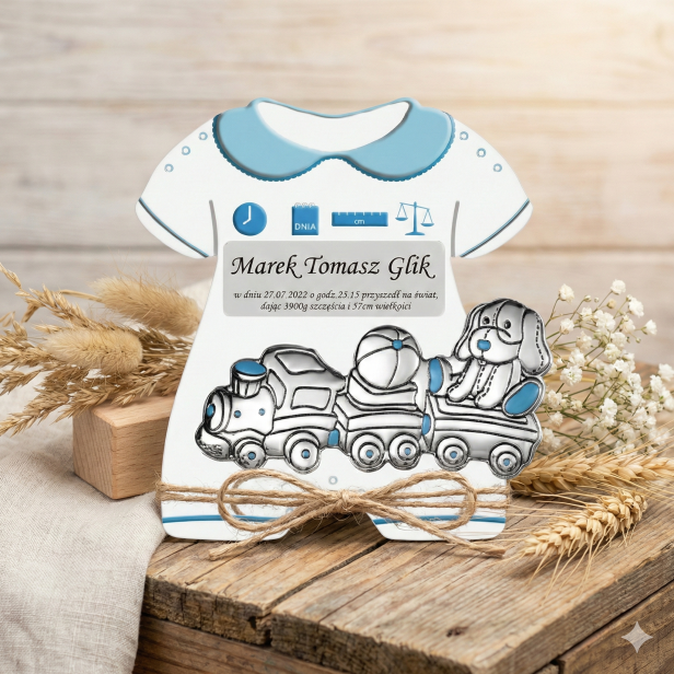 Panel metryczka dla chłopca z grawerem i srebrnym obrazkiem AG 999 – Body 18×17 cm | Linia SILVER BABY™