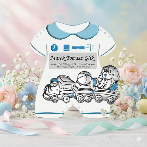 Panel metryczka dla chłopca z grawerem i srebrnym obrazkiem AG 999 – Body 18×17 cm | Linia SILVER BABY™