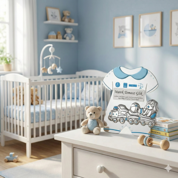 Panel metryczka dla chłopca z grawerem i srebrnym obrazkiem AG 999 – Body 18×17 cm | Linia SILVER BABY™