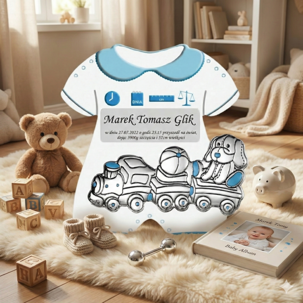 Panel metryczka dla chłopca z grawerem i srebrnym obrazkiem AG 999 – Body 18×17 cm | Linia SILVER BABY™
