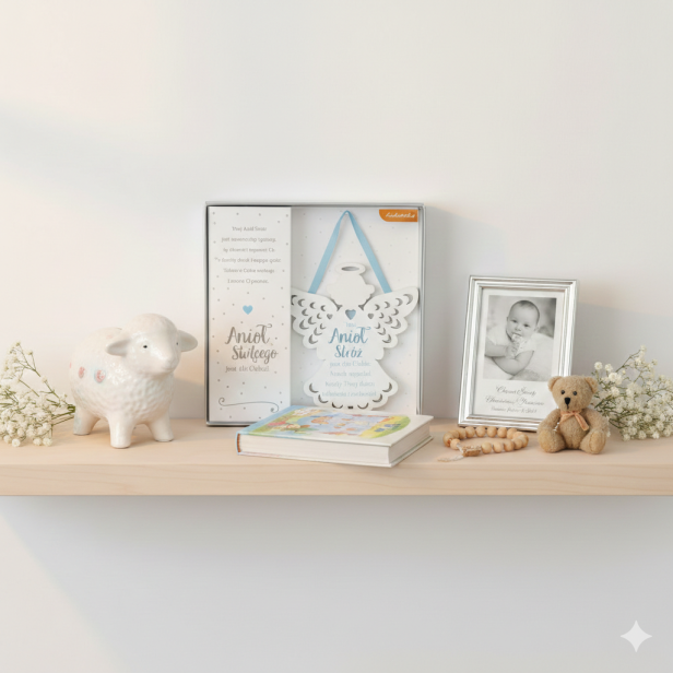 Zawieszka ANIOŁ STRÓŻ „Błękit Nieba” – Pamiątka Chrztu Świętego z przesłaniem