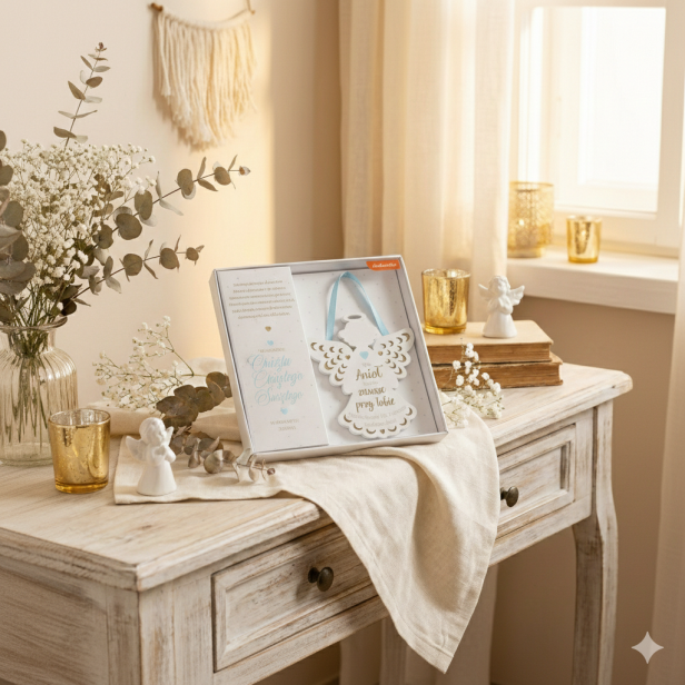 Zawieszka ANIOŁ STRÓŻ „Błękit Nieba” – Pamiątka Chrztu Świętego z przesłaniem