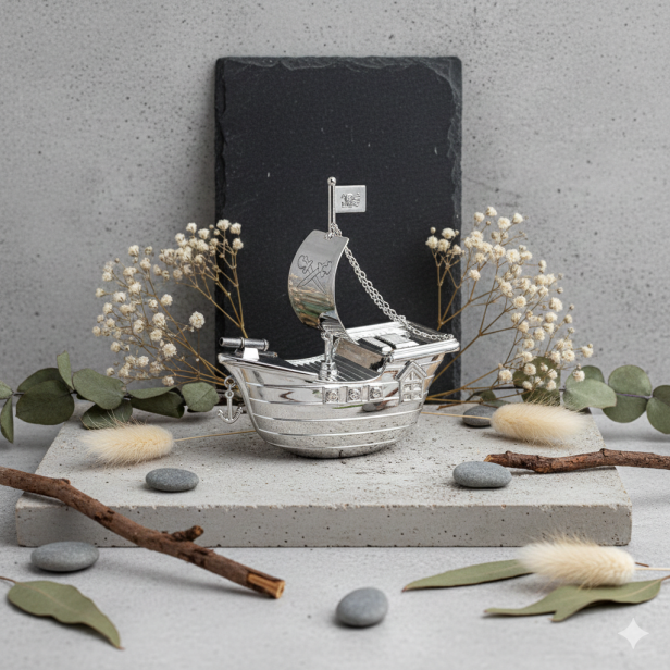 Skarbonka STATEK piracki posrebrzana – personalizowana | Linia BABY SILVER™