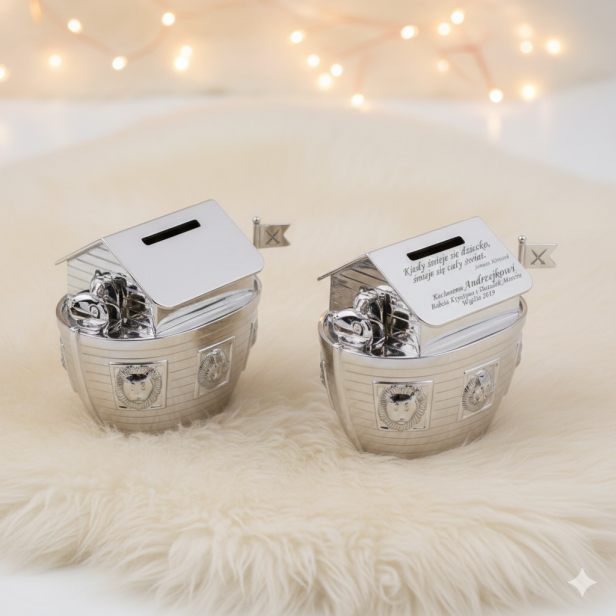 Skarbonka ARKA NOEGO posrebrzana z grawerem | Linia BABY SILVER™