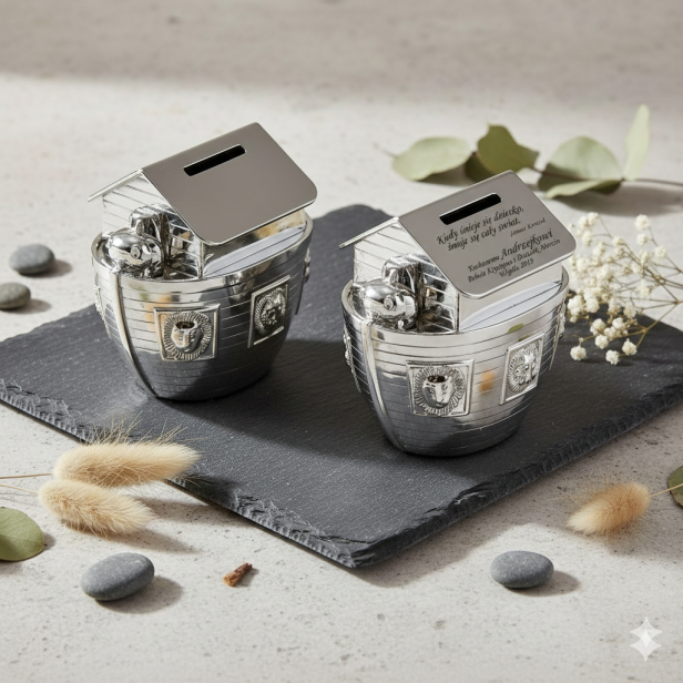 Skarbonka ARKA NOEGO posrebrzana z grawerem | Linia BABY SILVER™