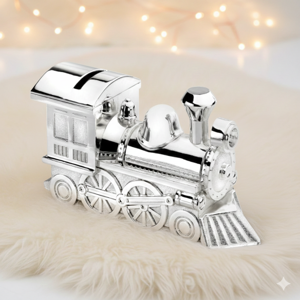 Skarbonka LOKOMOTYWA posrebrzana z grawerem | Linia BABY SILVER™
