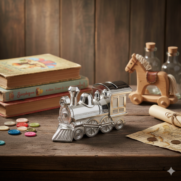 Skarbonka LOKOMOTYWA posrebrzana z grawerem | Linia BABY SILVER™