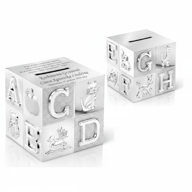 Skarbonka KOSTKA ABC posrebrzana z grawerem | Linia BABY SILVER™