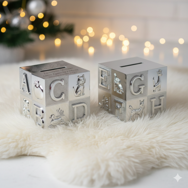 Skarbonka KOSTKA ABC posrebrzana z grawerem | Linia BABY SILVER™