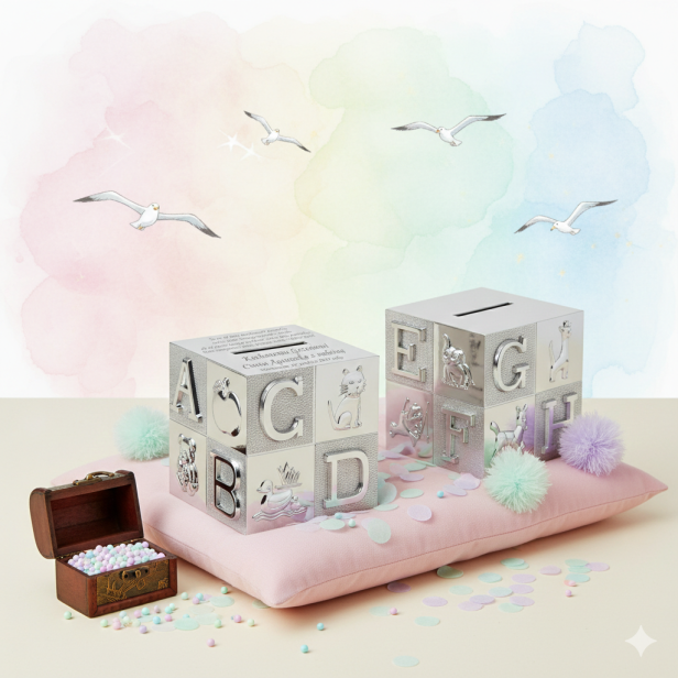 Skarbonka KOSTKA ABC posrebrzana z grawerem | Linia BABY SILVER™