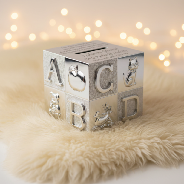 Skarbonka KOSTKA ABC posrebrzana z grawerem | Linia BABY SILVER™