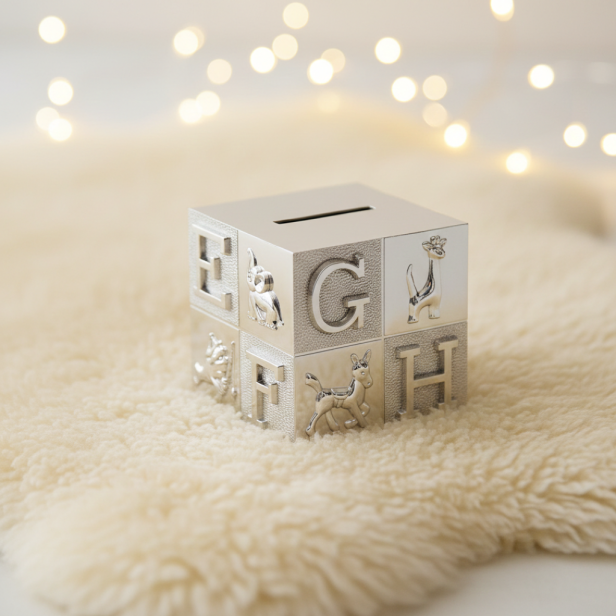 Skarbonka KOSTKA ABC posrebrzana z grawerem | Linia BABY SILVER™