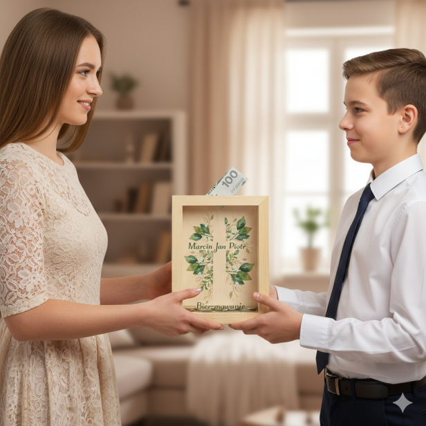 Drewniana skarbonka „Pamiątka Bierzmowania” z personalizacją na szkle