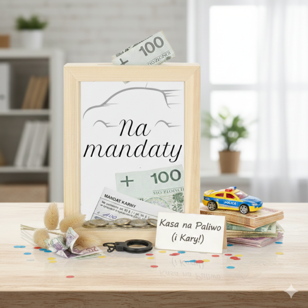 Drewniana skarbonka „Na mandaty” z personalizacją – prezent z humorem
