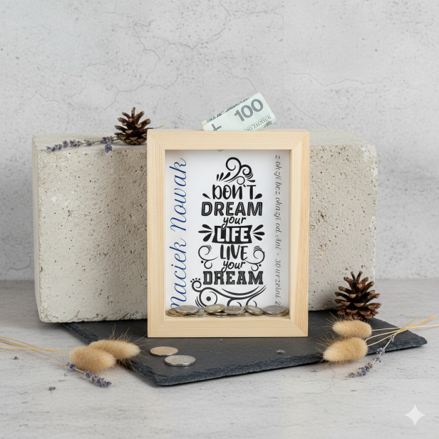 live Your dreams - Drewniana skarbonka „Na marzenia” z personalizacją