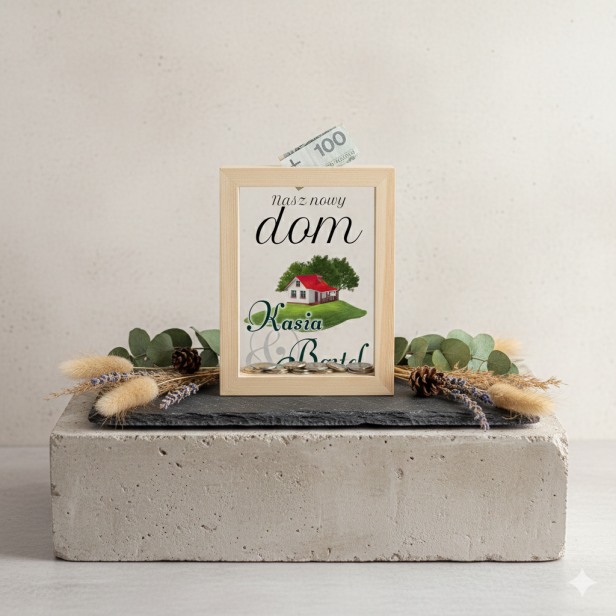 na dom -Drewniana skarbonka „Na marzenia” z personalizacją