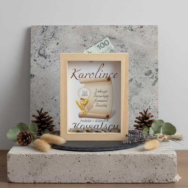 Drewniana skarbonka „Sakrament” z personalizacją – Komunia